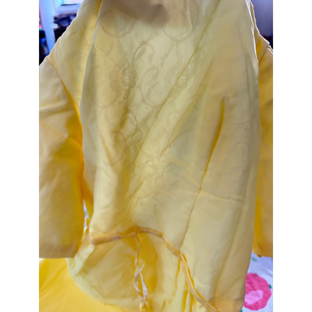 Vintage 60s Yellow Chiffon Maxi Dress Cape Back Bow Empire Waist Floral Damask - Picture 7 of 8
